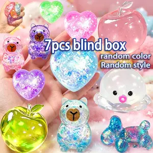 7-Piece Stress Relief Toy Set, Blind Box Design, Soft Squishy Sensory Crystal Glitter Capybara/heart/apples/octopus/bear, Fun Interactive Desk Accessories
