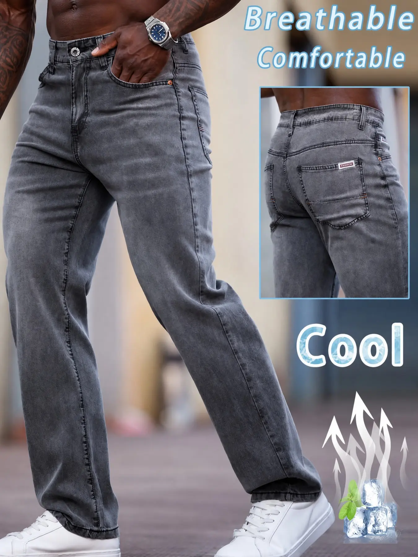 Men's Summer Lightweight Breathable Straight Leg Classic Jeans, Washed Stretch Denim Long Pants, Lyocell Fabric, Cool Comfort Daily Casual Jeans