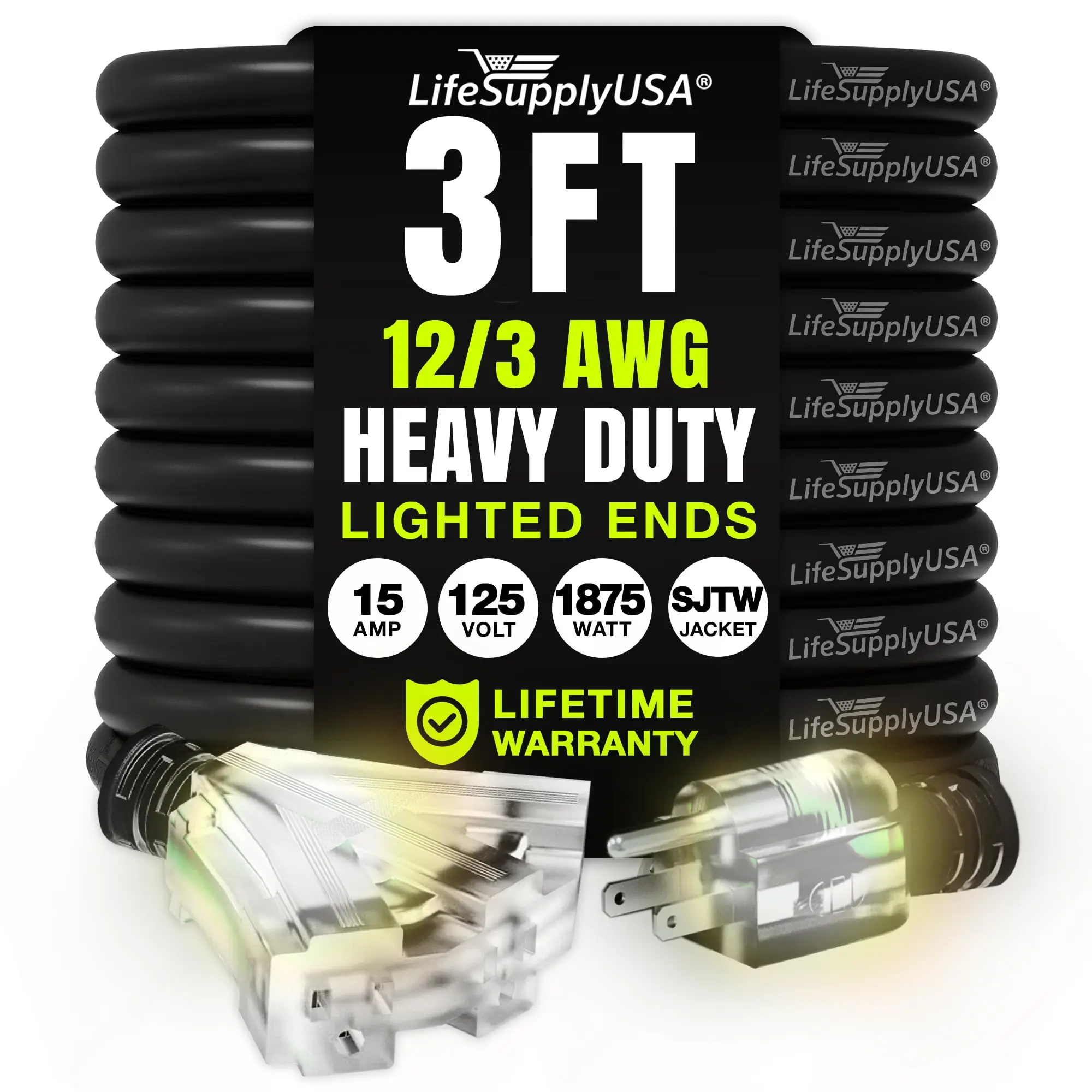 LifeSupplyUSA 3-Outlet Heavy Duty 3-Prong SJTW Extension Cord, Waterproof, Flexible Cold-Resistant, Lighted Ends, Vinyl Jacket for Outdoor/Indoor Use