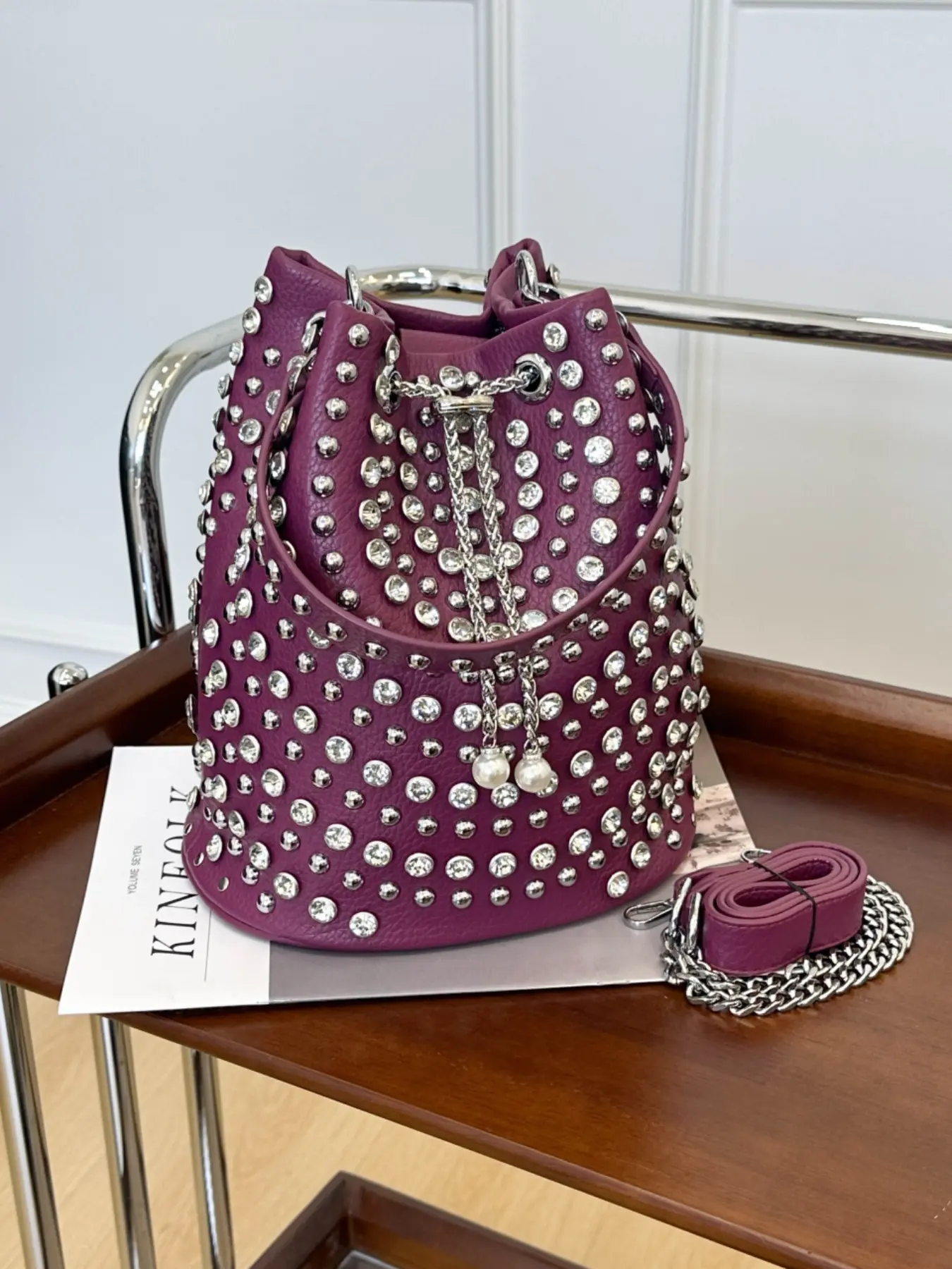 Litchi Texture Rivet Bucket Bag, Fashionable Bucket Bag, New Fashion Unique Vintage Punk Style Shoulder Crossbody Bag, Large Capacity Handbag, Casual Fashion Bag, Cross Body Bags