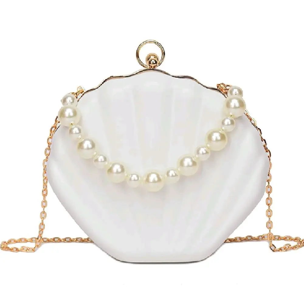 Elegant Pearl Beaded Seashell Purse. Vintage, Inspired, Crossbody, Clutch, Handbag.