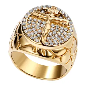 OIDEA Men's Christian Jesus Religious Motif Ring - Gold-Tone Stainless Steel, Zircon Inlay Signet Band, Men's Jewelry for Daily Wear, Biker Statement Gift