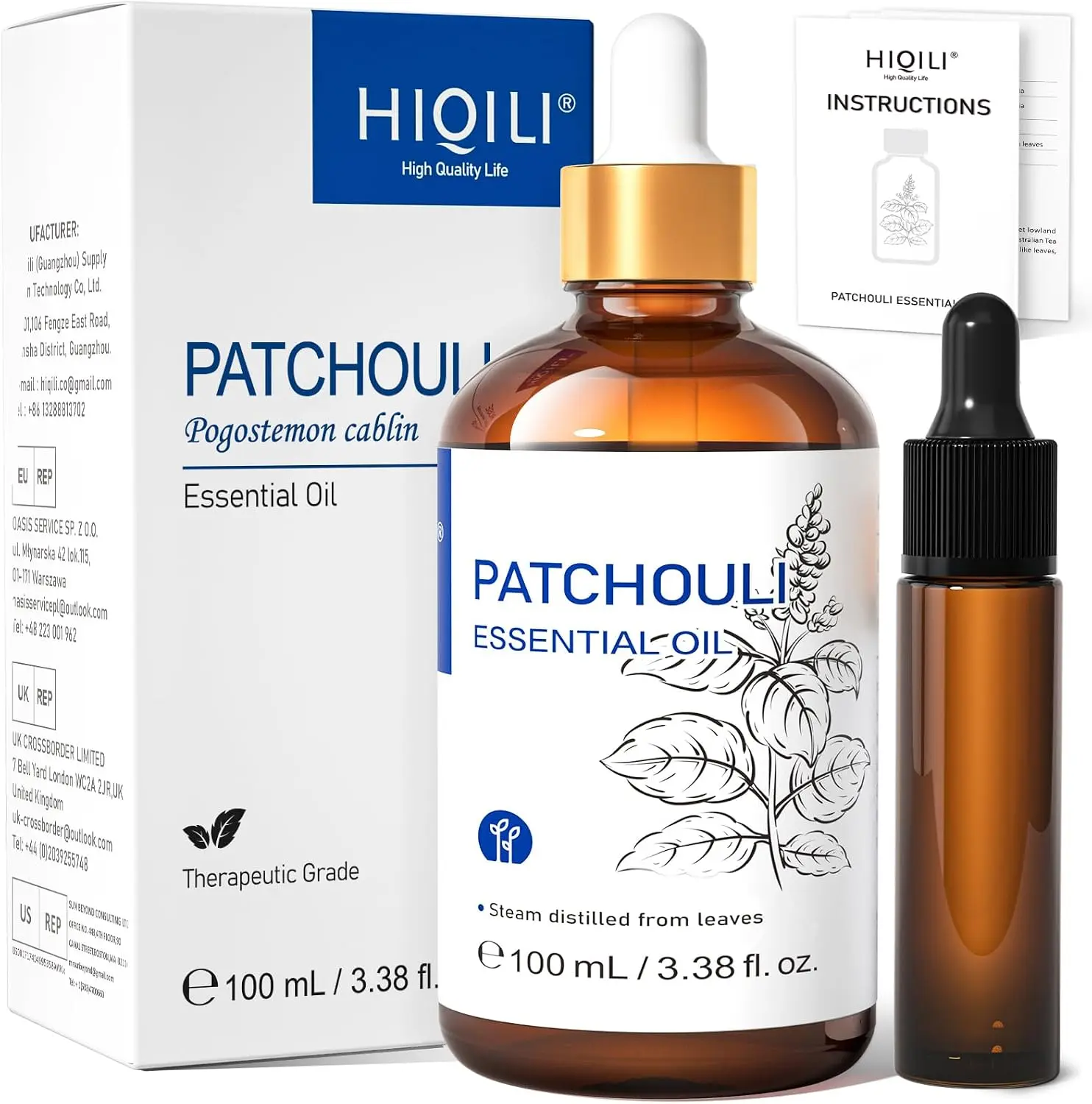HIQILI Patchouli Essential Oil for Diffuser,Skin Care&Hair Nourishment Soothes Skin,Nourishes Hair,Fits Diffuser Aromatherapy&DIY Perfume,Great Gift Option,Large Capacity
