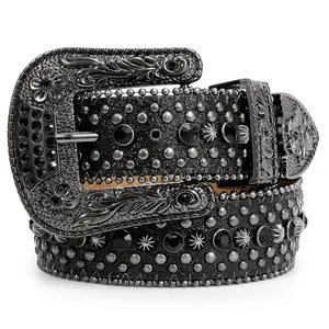 XZQTIVE Men Women Rhinestone Studded Western Leather Belt Western Cowboy Cowgirl Unisex Waist Belt with Rhinestone Buckle