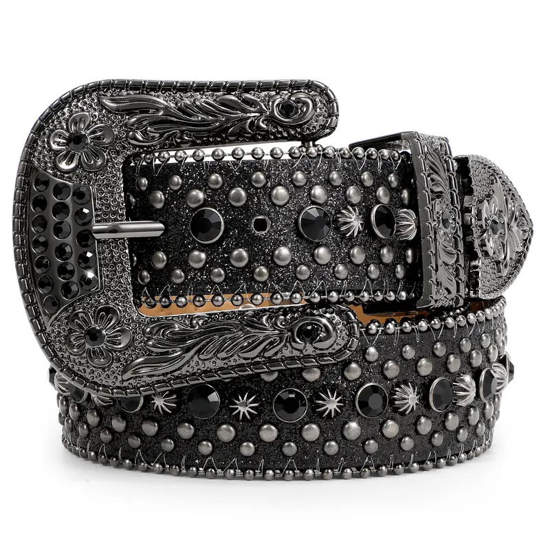 XZQTIVE Men Women Rhinestone Studded Western Leather Belt Western Cowboy Cowgirl Unisex Waist Belt with Rhinestone Buckle