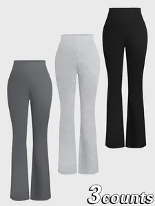 3 Pieces Women's Solid Flare Leg Pants, Casual Comfy High Waist Elastic Bell Bottom Trousers for Daily Wear, Ladies Bottoms for Fall & Winter
