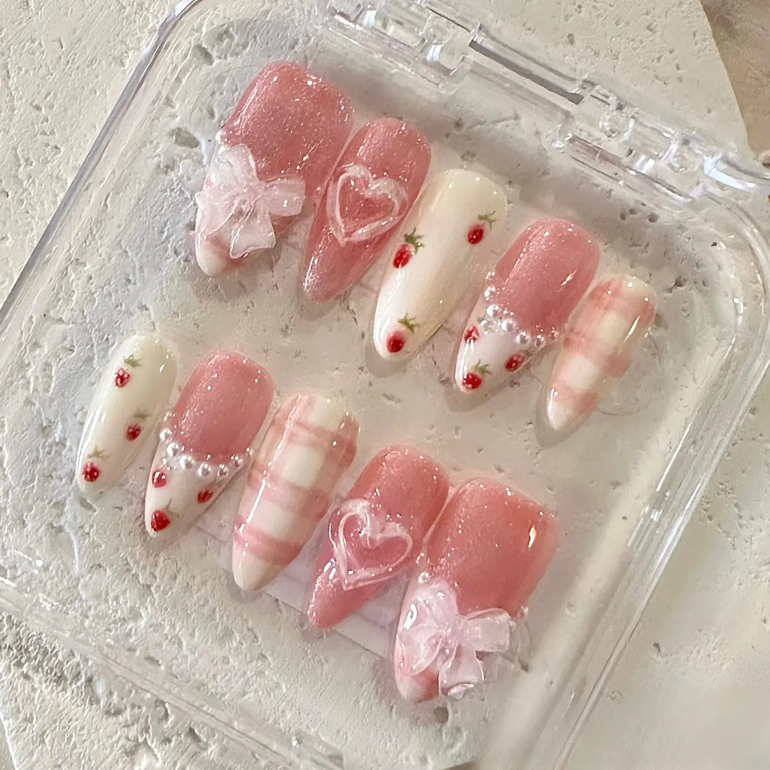 NailPhoria STRAWBERRY FIELDS - Handmade Press-On Nails | Reusable, Salon-Quality, Long-Lasting, Glossy Design