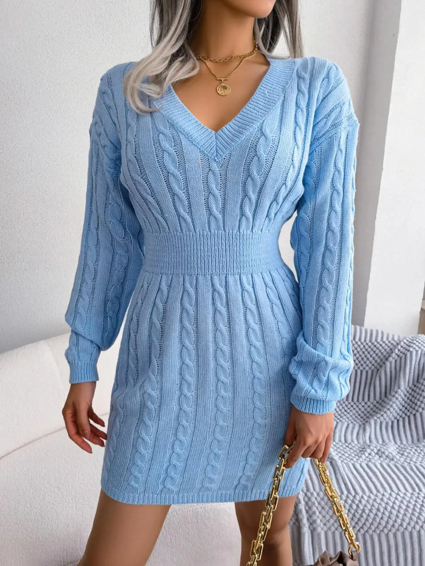 Women's Cable Knit Fitted Sweater Dress With V Neck, Long Sleeve Casual Drop Shoulder Style for Fall & Winter Fashion