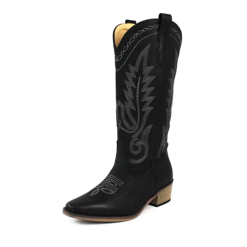 Women's Black Western Cowboy Snip Toe Embroidered Leather Knee High Cowgirl Boots Wide Calf AZARWOMAN