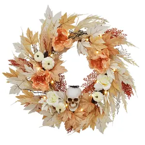 Halloween Wreaths for Front Door with Lights, 22" Prelit Fall Pumpkin Maple Leaves Wreath with Skulls for Indoor Wall Window Autumn Thanksgiving Decoration