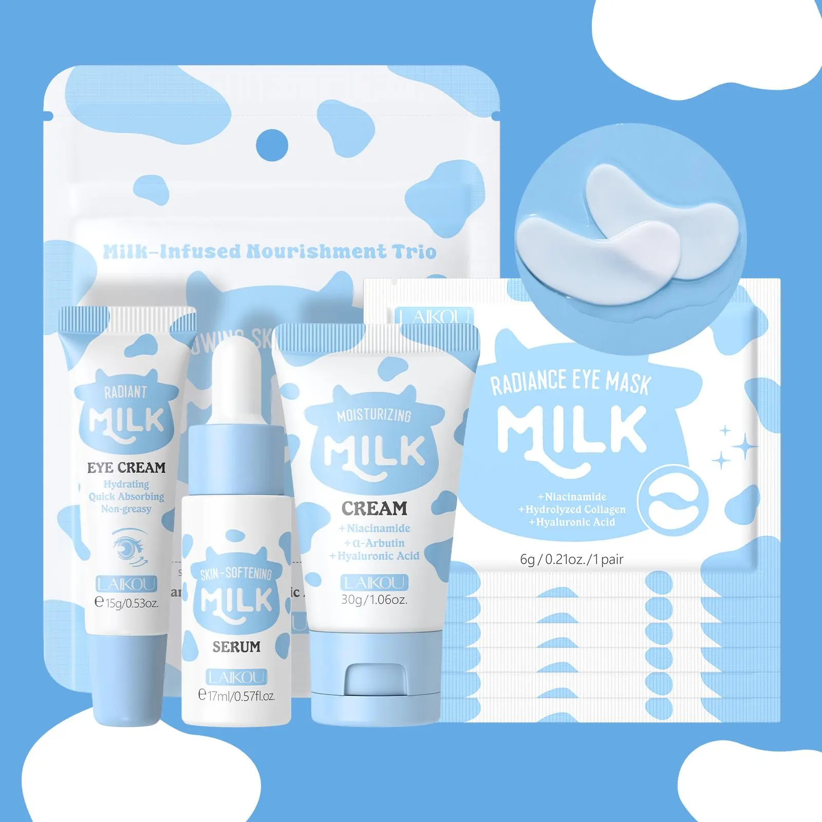 Milk Hydrating Travel-Size Skincare Set Brightening Glowing Skin Kit, Hyaluronic, Includes Serum 17ml, Eye Cream 15g, Moisturizing Cream 30g, Lip Mask, Eye Mask & Mask, Hydrating Soothing, Best Gift, Hydrating Moisturizer Set