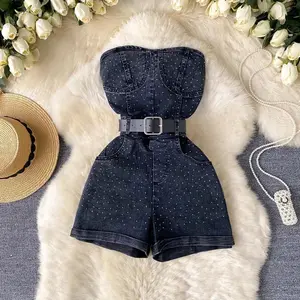 Women Denim one pieces Summer Fashion Drill High Waist Slim Sleeveless Strapless Sashes Outfits