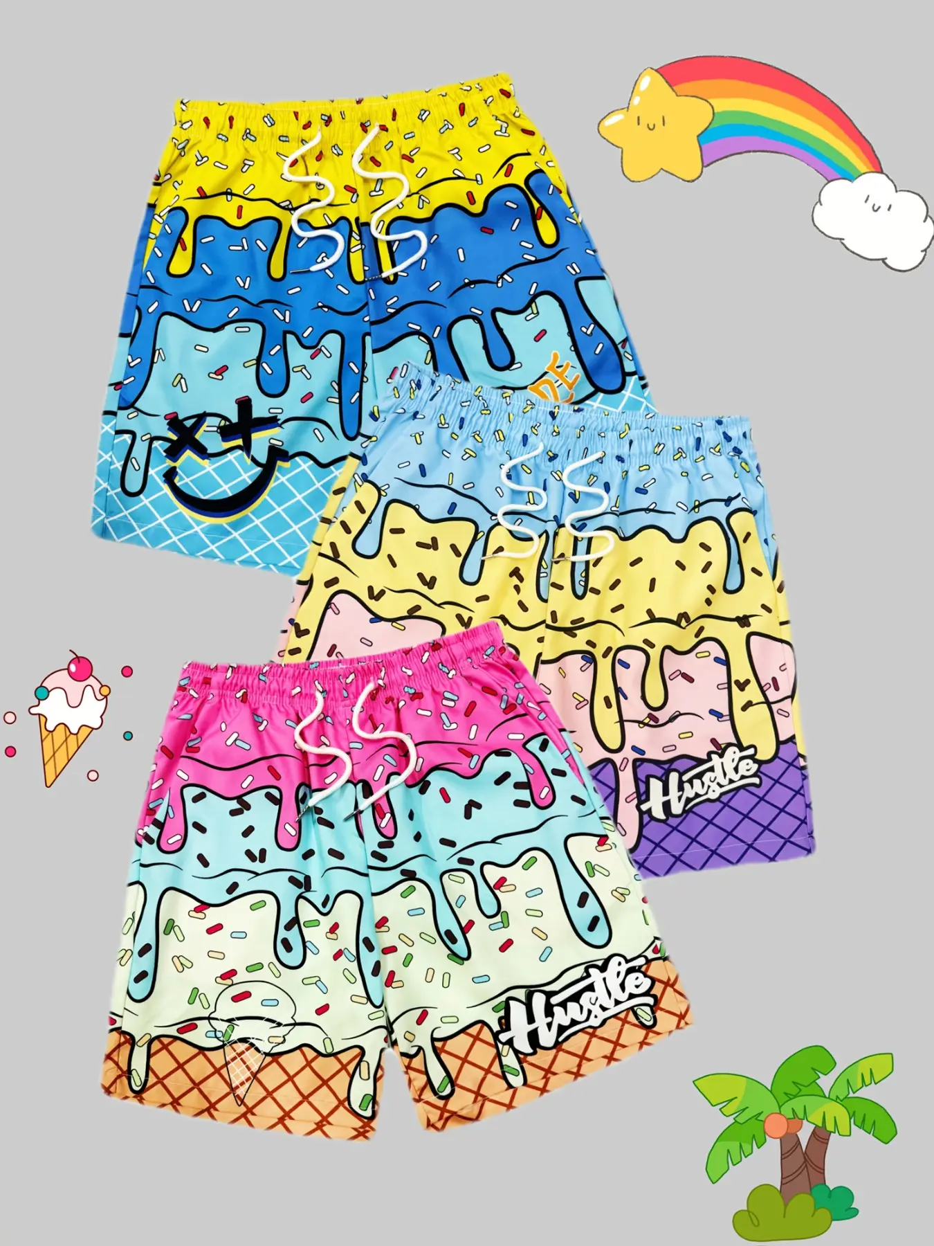 3-Pack Men's Fun Graffiti Ice Cream Print Casual Street Shorts, Summer Loose-Fit Straight Leg Sports Beach Pants, Casual All-Over Print, Casual Wear Shorts