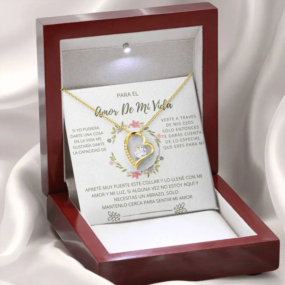 A Unique Gift PARA EL AMOR DE MI VIDA / Heart Necklace Message Card Flowers, Spanish