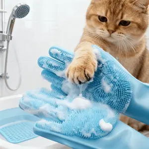 Pet Dog Bath Gloves, Silicone Massage Brush, Hair Removal & Cleaning, Gentle Scrubbing, Dense Bristle Design, Four Seasons Use, Grooming Tools