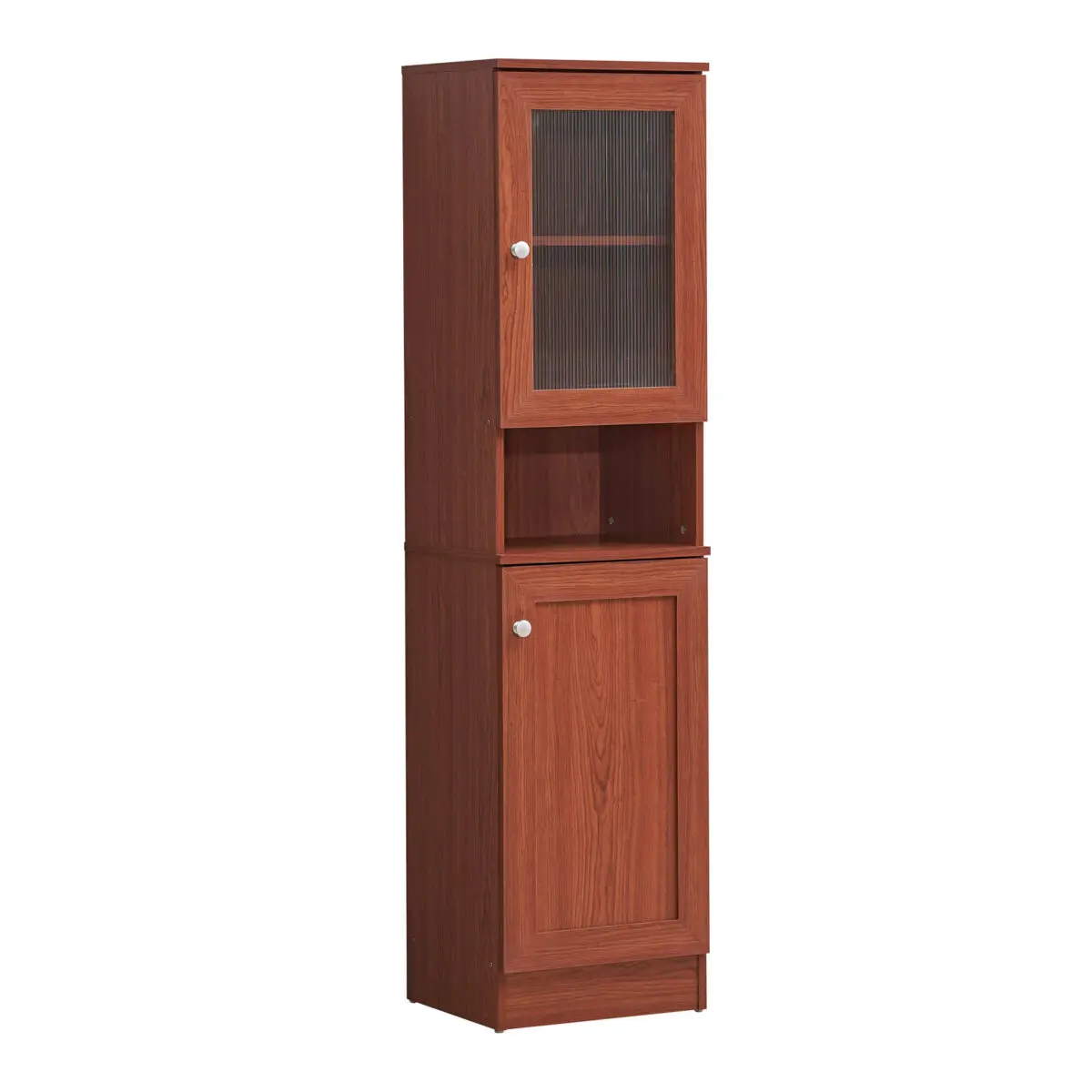 Hodedah Wood Slim Commercial Restaurant Kitchen Pantry - 63"h x14.17"w x15.75"d, Open Shelf, Top & Bottom Enclosed Storage, Space-Saving Cabinet Furniture