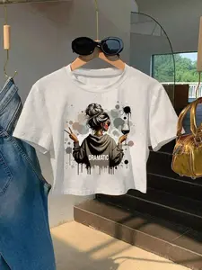 Women's Graphic Round Neck Cropped T-Shirt, Sassy Girl Wine Print, Stylish Splash Design, Soft Fabric, Cute Casual Top for Summer & Weekend Outfits, Streetwear, Womenswear, Clothes, Casual Trendy Tee