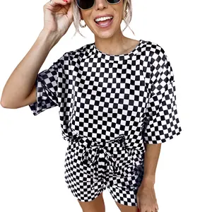 Mntaor Women 2 Piece Checkered Outfits Casual Plaid Print Short Sleeve Pullover Top and Shorts Matching Lounge Set