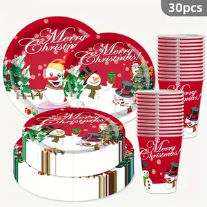 30-Piece Holiday Christmas Party Disposable Tableware Set, Snowman Theme Paper Plates & Cups, Food Grade Safe, Perfect for Thanksgiving Halloween