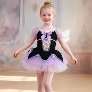 Girls Black Purple Bow Ballet Dress, Tulle Princess Dress, Dance Performance Costume