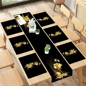 Elegant Table Runner Set with Gold Rose Print, Includes 6 Placemats and 1 Table Runner, Indoor and Outdoor Use, Home Kitchen Decor