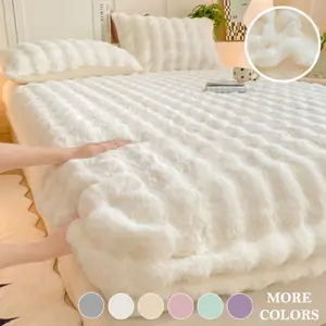 1pc Ultra Soft Faux Rabbit Fur Plush Bed Cover – Elastic Fitted & Machine Washable, Warm Light Beige, Skin-Friendly, Non-Shedding & No Fading, Perfect for Bedroom & Guest Room Comfort, Fluffy Cozy Bedding, Durable Luxury Home Décor for Comfort Seekers