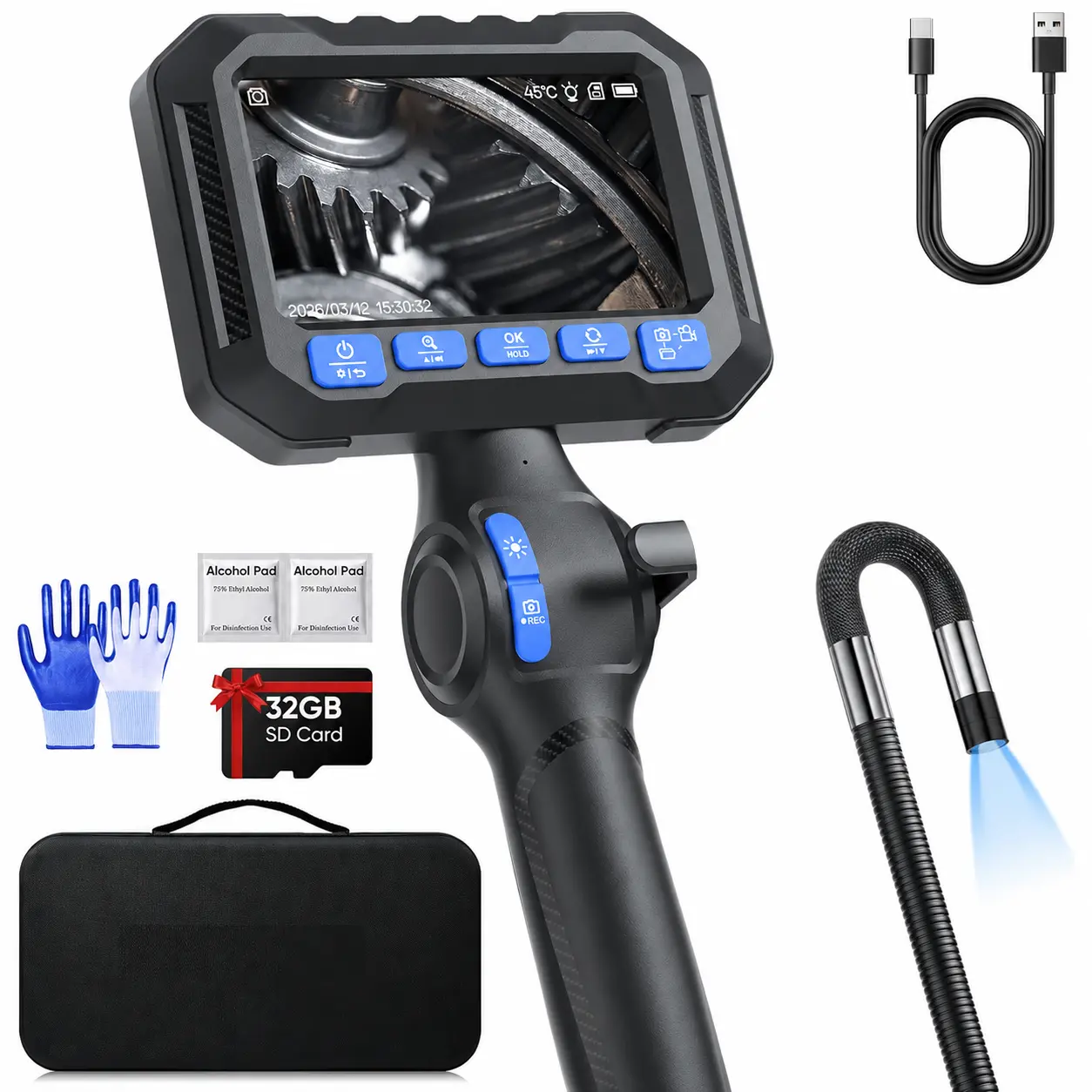 SHEKAR Push Rod Control 2-Way Borescope Camera with 32GB Card, Light Industrial Semi-Rigid Bend Reaches Articulated Probe Inspection Snake Camera, Automotive Diagnostic Tool for Check Valves and Pipes, IP67 for Oily Shop Floors