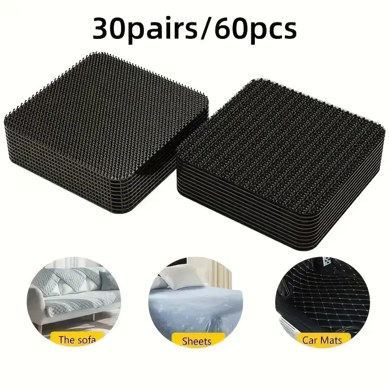 60 Pcs/30 Pairs Strong Adhesive Double Sided Adhesive Magic Tape for Sofa Cushion Fixing, Dual-Sided Bed Rug Foot Pad, Non-Slip Invisible Stick, Car Mats, Strong Adhesion Sheet