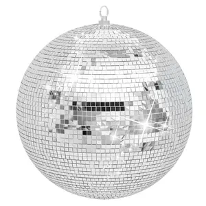 Shiny Silver Glass Disco Ball Ornaments - 12in/16in/20in Large Hanging Decor with Colorful Light, Home Festive Supplies for Party, Christmas Decor
