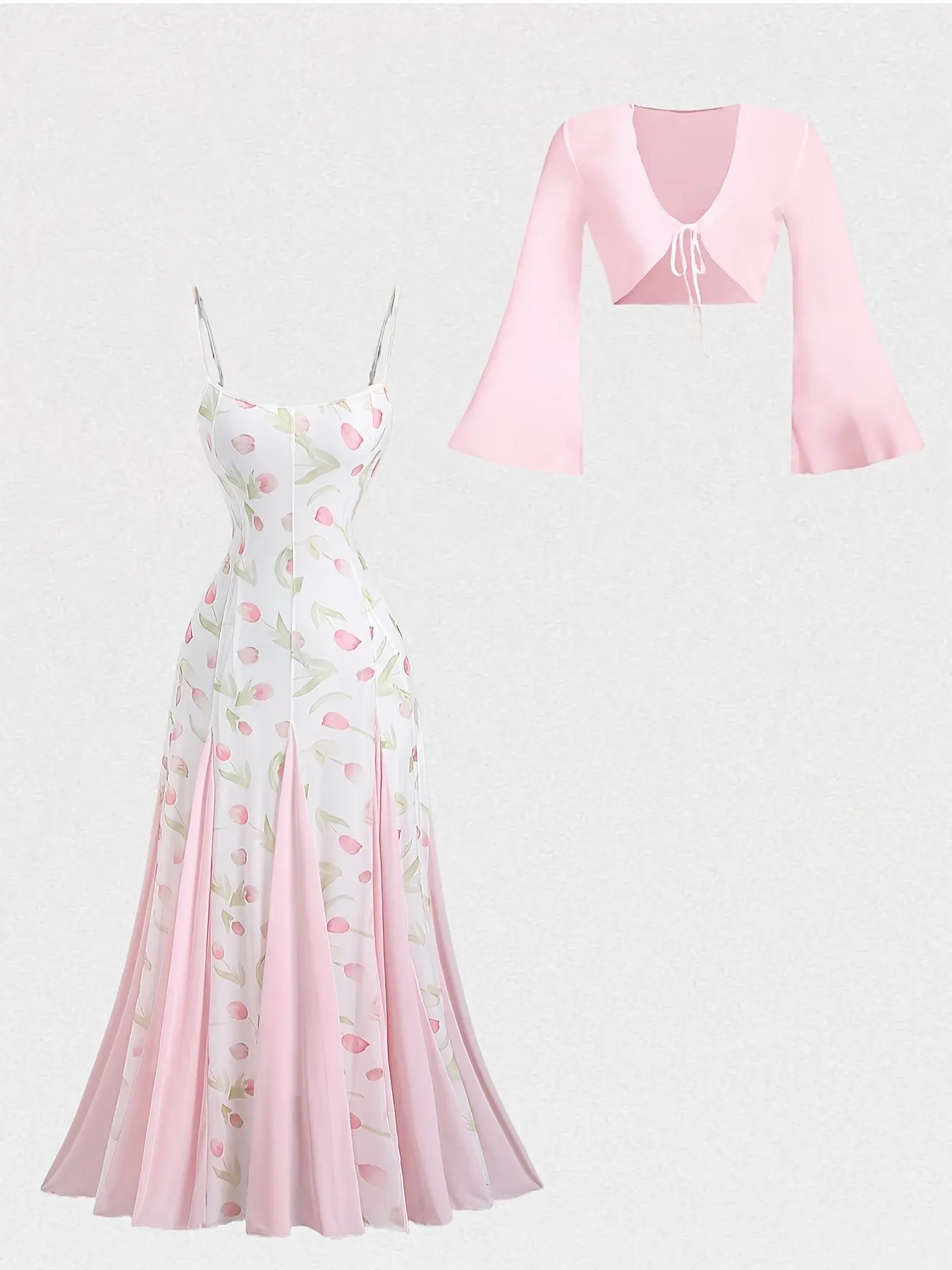 Women's Tulip Print Floral Ultra Long Spaghetti Strap Sun Dress, Summer V Neck Tie Front Blouse Matching Set, Elegant Fashion Two Piece Outfit, Style, Elegance, Boho Outfits