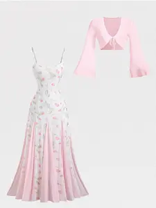 Women's Tulip Print Ultra Long Sun Dress, Summer V Neck Tie Front Blouse Matching Set, Elegant Fashion Two Piece Outfit, Style