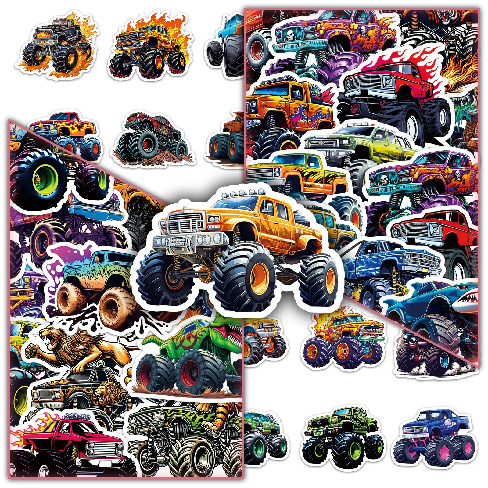 100pcs two sets of repetition monster truck creative cool cartoon stickers suitcase pencil case notepad personality decorative stickers Includes Sticker Sticker Sheets Sticker Packs