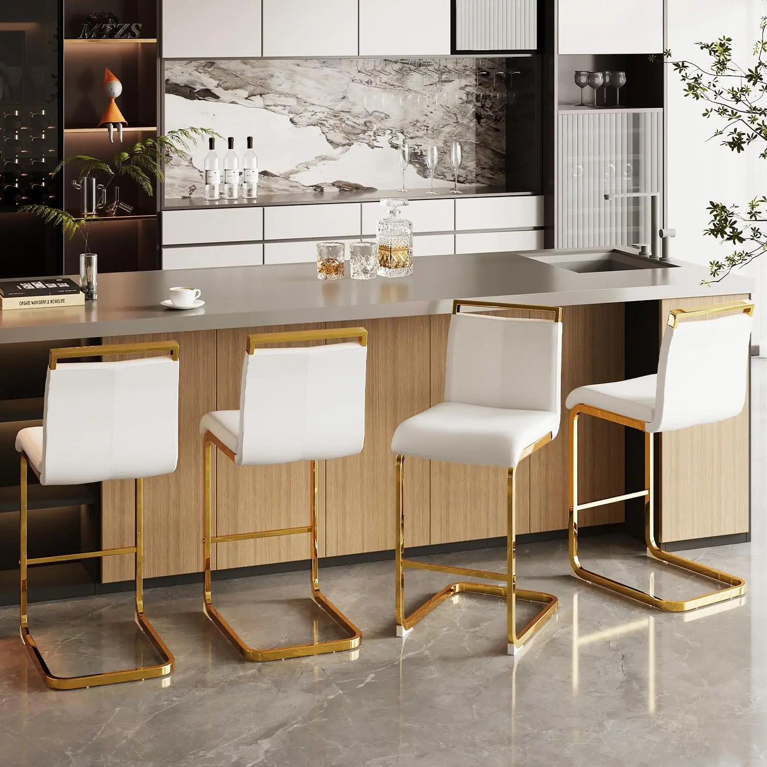 MUUOKY Modern PU Leather Upholstered Bar Chair - C-Tube Chrome Metal Legs, Bar Barstools, Casual Barstools, Chrome Chairs for Restaurant, Kitchen Use