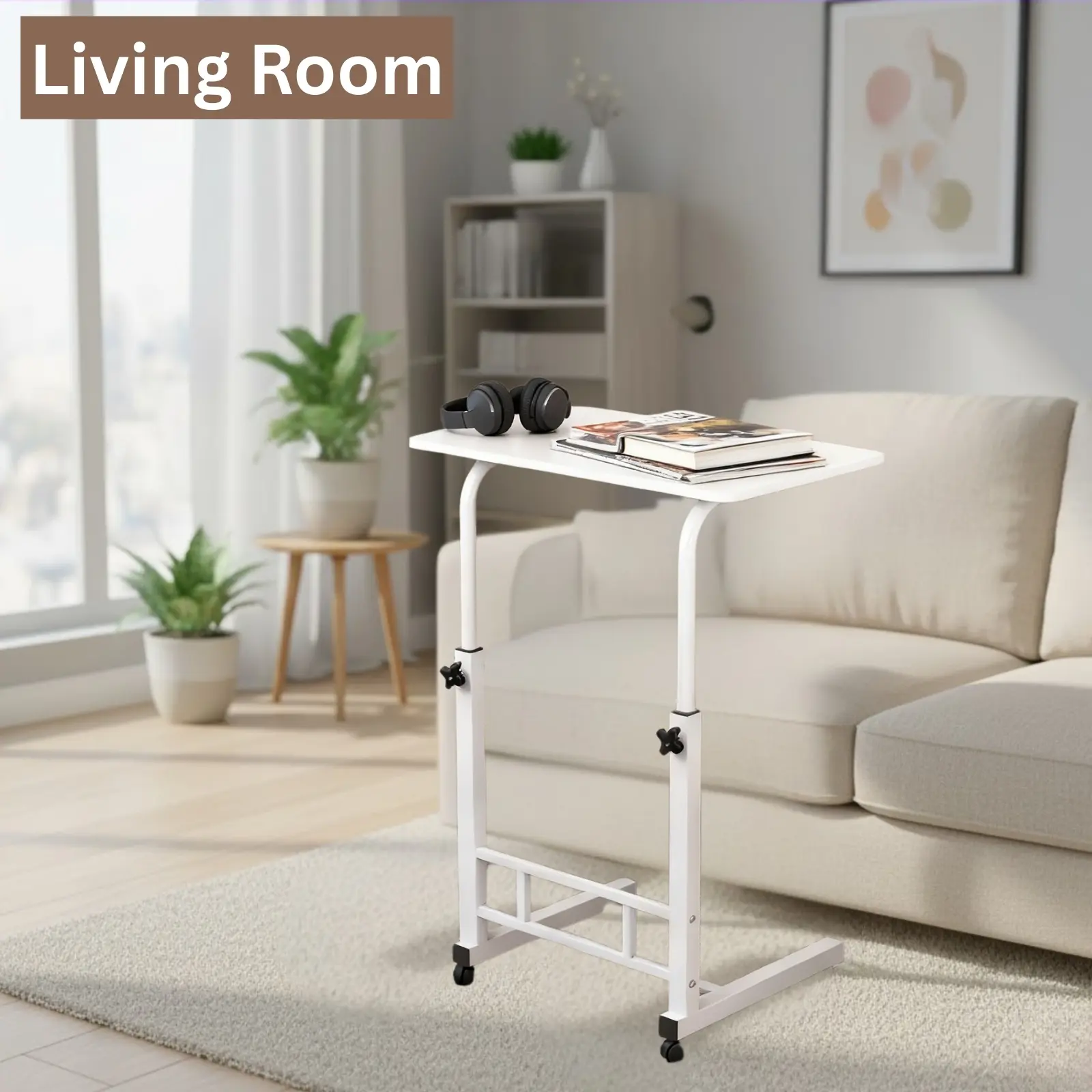 SENROB Mobile Standing Computer Desk - Rectangle, Height-Adjustable (25.98" to 35.43") Rolling Laptop Cart with Wheels, Portable C-Shape Standing Desk Converter for Walking Pad, Home Office Mobile Workspace, White