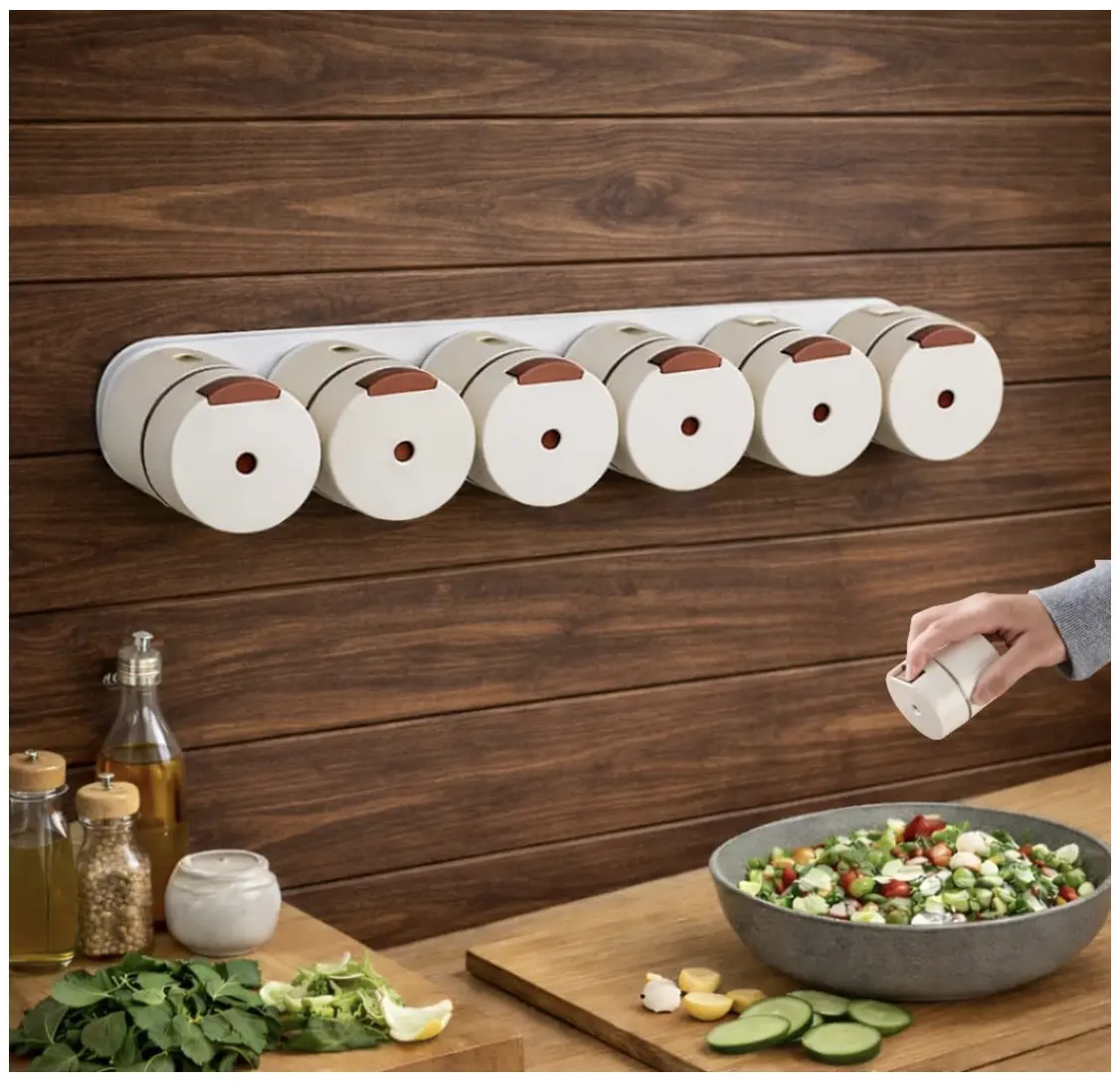 Wall Mounted Magnetic Spice Rack with Push Button Jars | 250 ml Multipurpose Jar Spice Box Seasoning Container | Adhesive Strip Installation | Moisture Proof Bottles for Kitchen | Pack of 6