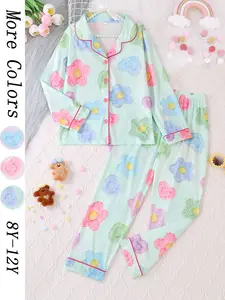 Girls' 2-Piece Pajama Set, Soft Casual Pastel Cute Pajamas, Long Sleeve Button Front Top & Pants, Cartoon Floral Print, Loose Fit, All-Season Wearable Home Clothes