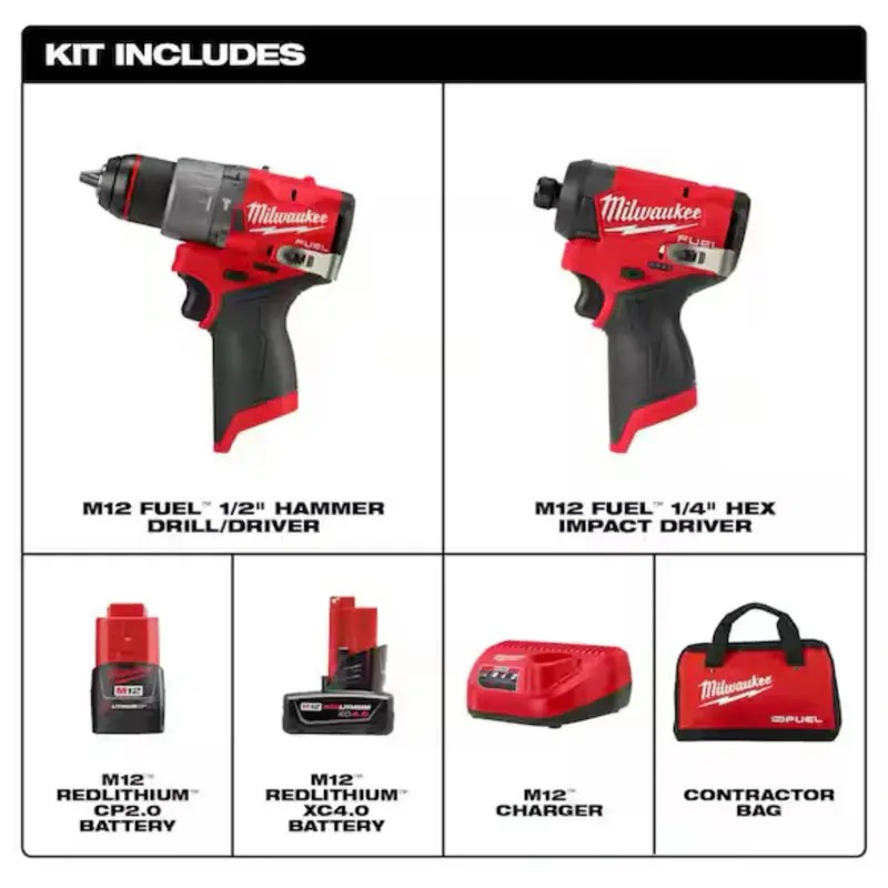 Milwaukee M12 FUEL 12-Volt Lithium-Ion Brushless Cordless Hammer Drill and Impact Driver Combo Kit w/2 Batteries and Bag (2-Tool)
