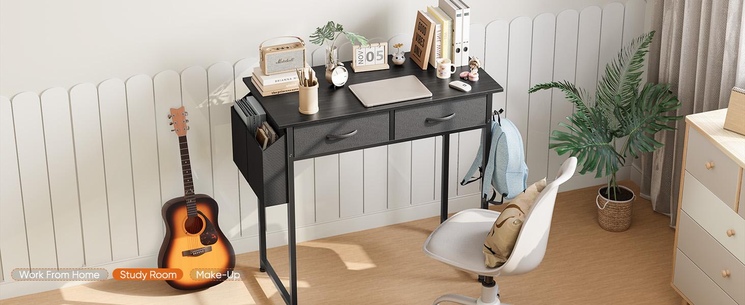 Furnest Computer Desk with Drawers Study Writing Table with Storage Bag Headphone Hook Adjustable Feet for Home Office Small Spaces
