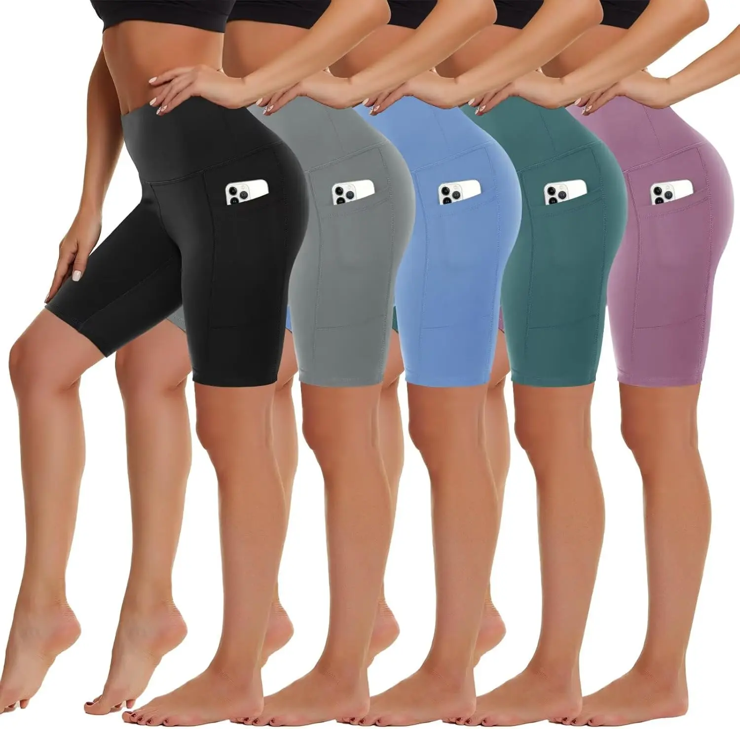 Women's High Waist Biker Shorts with Pockets - 5 Pack, 5"/8" Inseam Spandex Shorts for Yoga, Running, Cycling Sports