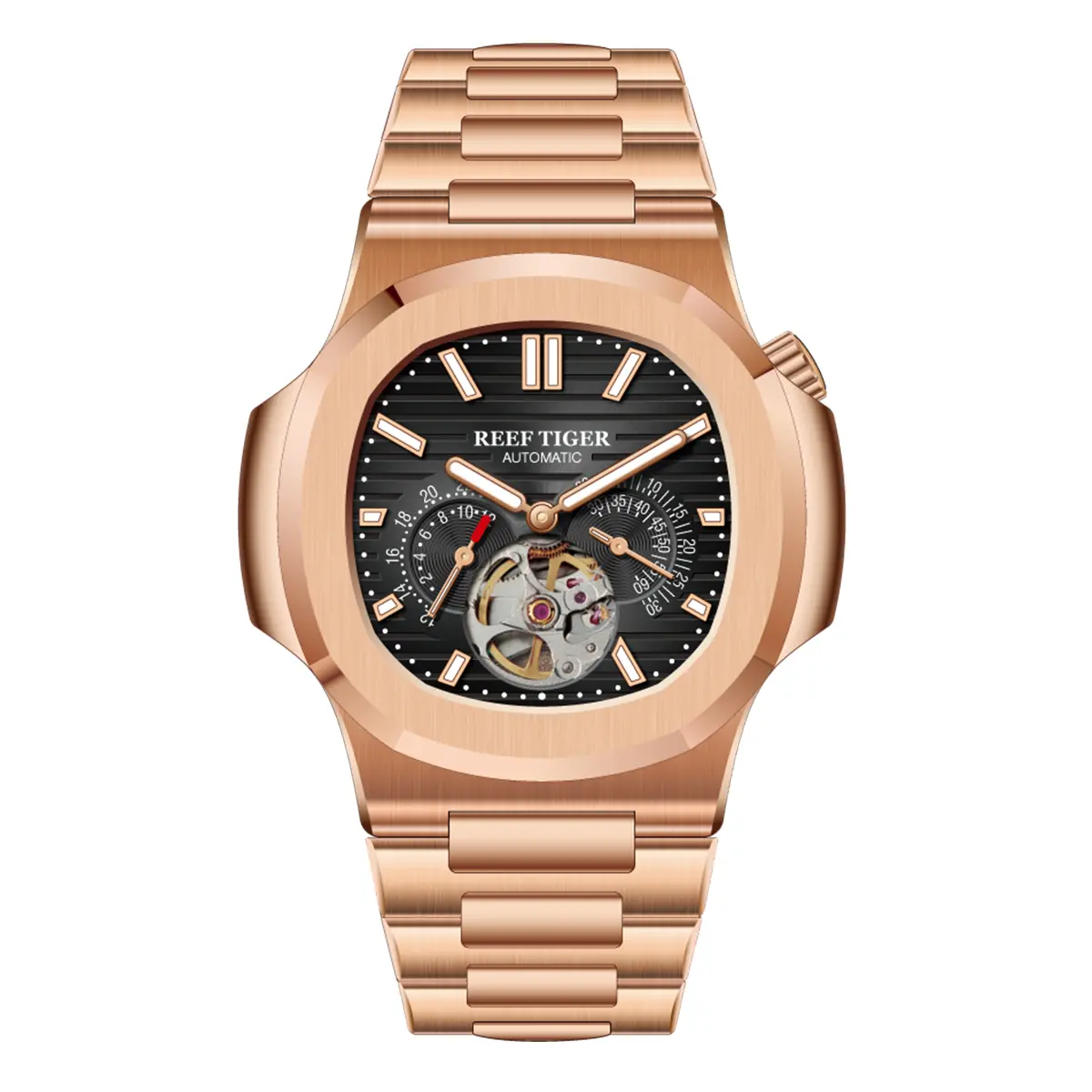 REEF TIGER Men's Fashion Automatic Mechanical Wristwatch - 30M-50M Waterproof, Luminous Square Dial, Sapphire Crystal Glass, Stainless Steel Strap, Analog-Digital Display, Clasp, All Seasons Everyday Wear Luxury Gift Watch, Automatic Mechanical Movement,,