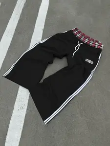 Men's Casual Athletic Long Pants Trouser, Plaid Design with Side Stripes, Los Angeles Print, Spring & Fall Wear, Fitted Style