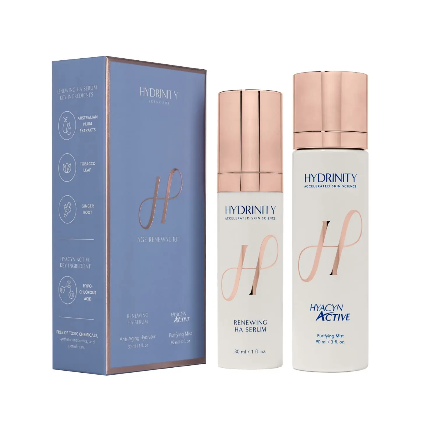 Hydrinity Age Renewing Skin Repair Kit, 2-Piece Anti-Aging Duo with Renewing HA Serum & Moisturizer for Dry, Mature Skin, Moisture, Hyaluronic Acid, Dual, Luxury, Moisturizing, Hydrate, Radiance, Daily, Set, Lightweight, Nourishing, Evening