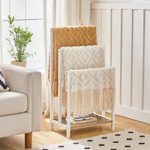 HOOBRO Free Standing Towel Rack, 3 Tier Blanket Rack, Blanket Holder for Bathroom, 16.9" L x 11" W x 31.9" H, Industrial Metal Drying and Display Rack with Shelf, White and Grey Organiser , Interior Home Goods #SummerVibes