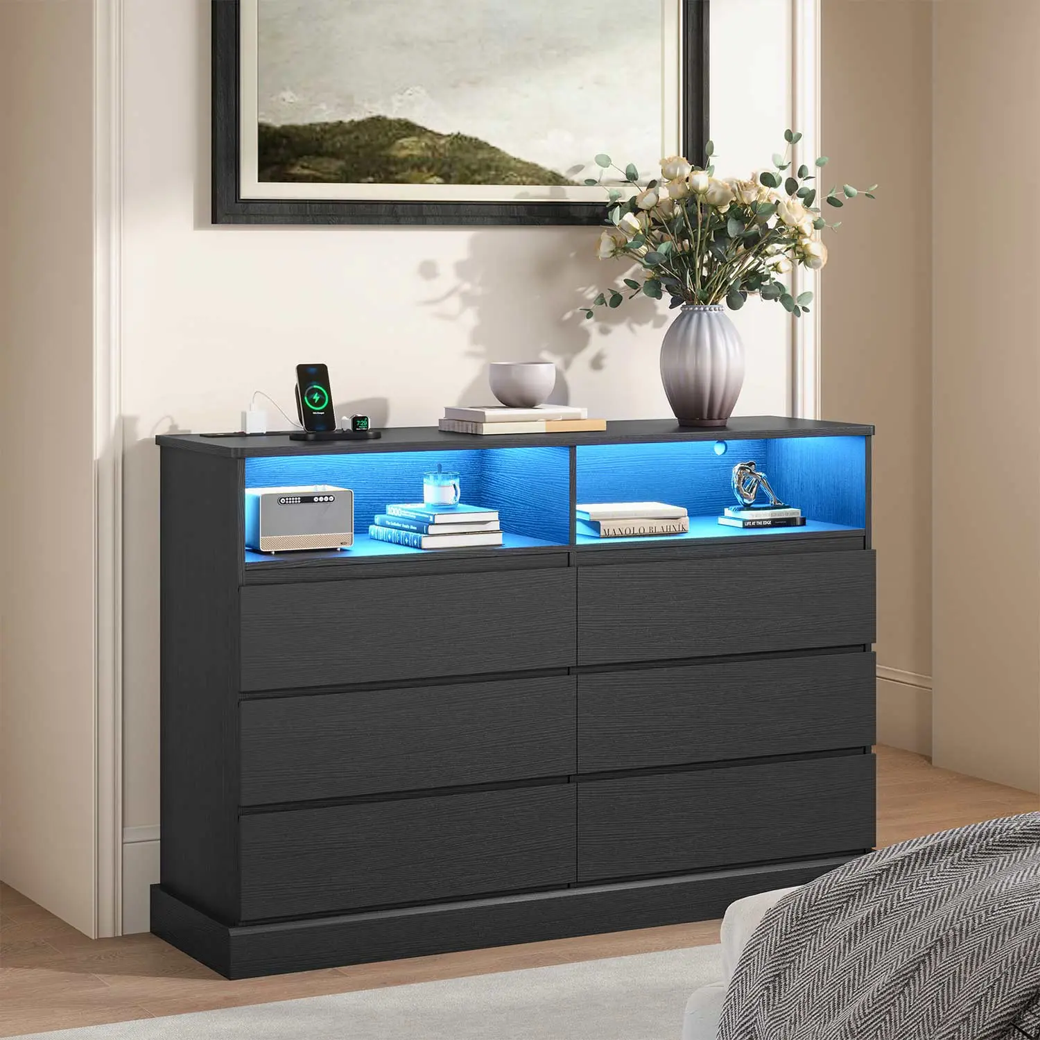 Sikaic 6 Drawer Dresser with RGB LED Lights and Charging Station, Black Bedroom Dresser with Open Storage Cubbies, Led Illuminated Drawers, Drawers For Bedroom