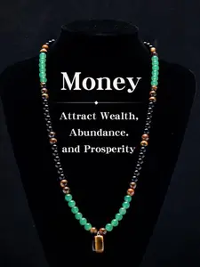 Money Attract Necklace with Aventurine, Tiger Eye and Money Bag Pendant, Anniversary Gift, Holiday Jewelry, Long Chain, Unisex, Statement Necklace