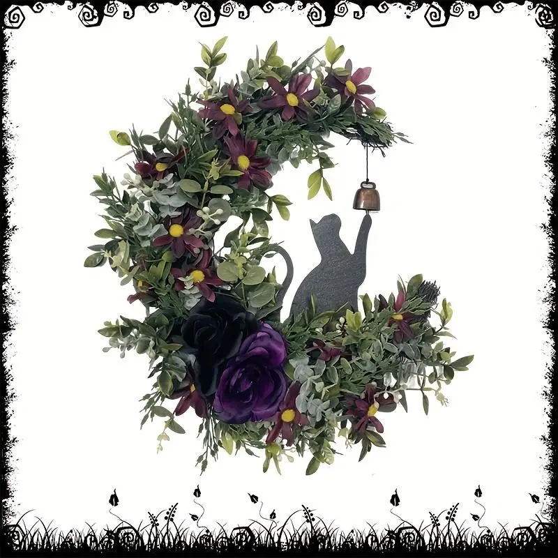 ZMOCEN18" UV Resistant Halloween Wreath /Outdoor artificial plants- Black Cat Moon with Bells for Front Door, Porch Window Wall Indoor Outdoor, Gothic Party Decor & Gift.front Door Wreath/wreaths.Halloween Home Decor,  Halloween Decorations Outdoor