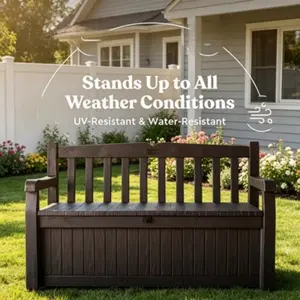 70 Gallon Outdoor Storage Bench, Multi-Purpose Deck Box for Patio Furnishings, Front Porch Decor and Outdoor Seating Use, Ideal Container for Organizing Garden Tools and Pool Accessories, Dual Brown Tone Finish