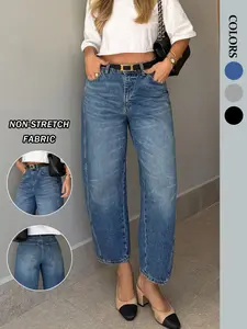NVFelix Blue Barrel Jeans for Women, Casual Everyday Loose Fit Conical Pants, Elegant Four-Season Denim, Button Fly, Ankle Length, Natural Waist