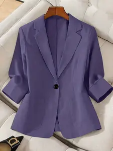 A women's solid color lapel single-breasted single-button mid-length sleeve double-pocket fitted stylish blazer, Tailored Blazer suitable for spring and summer, appropriate for the workplace and daily wear.