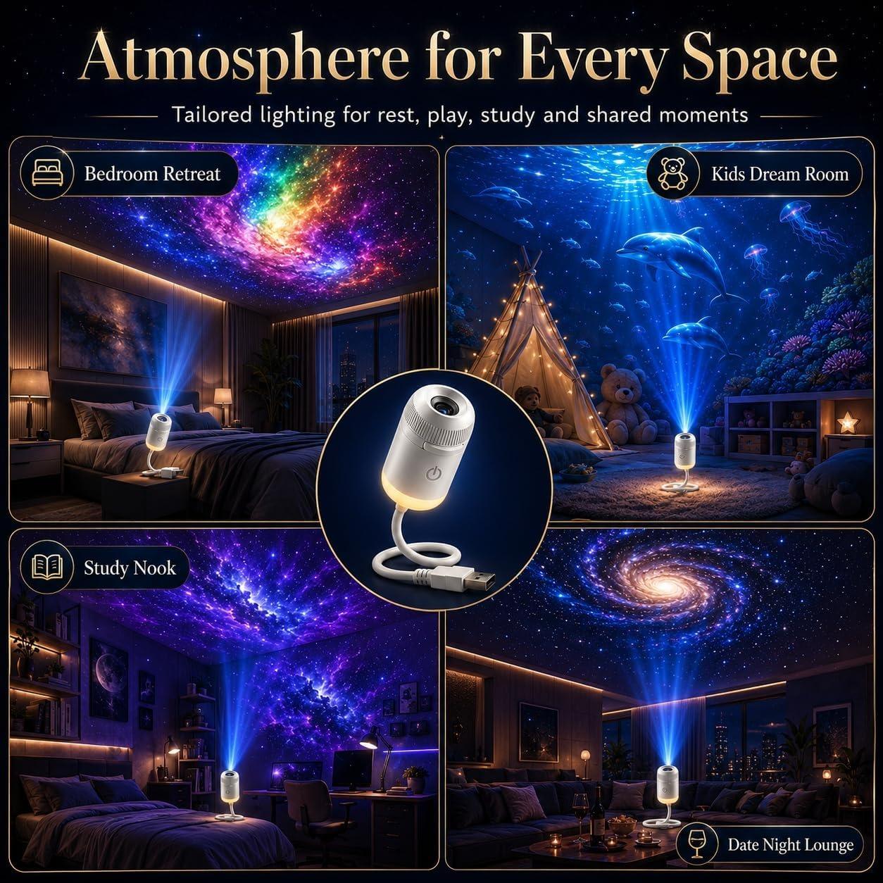 Galaxy Projector Night Light, 2-in-1 Holographic Star 5d Ocean Projector Plug and Play hd Star Smart Ceiling Projectors Lamp 360° Space Starry Sky USB Projection (24 Projection Films)